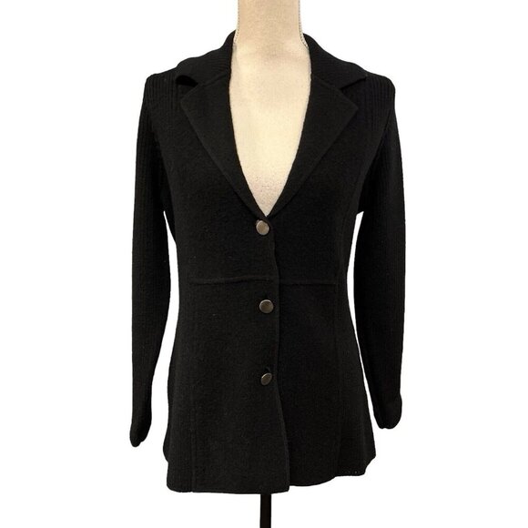 Herman Geist Cardigan Sweater Womens S Black Wool Button Academia Ribbed Trim - Picture 1 of 9